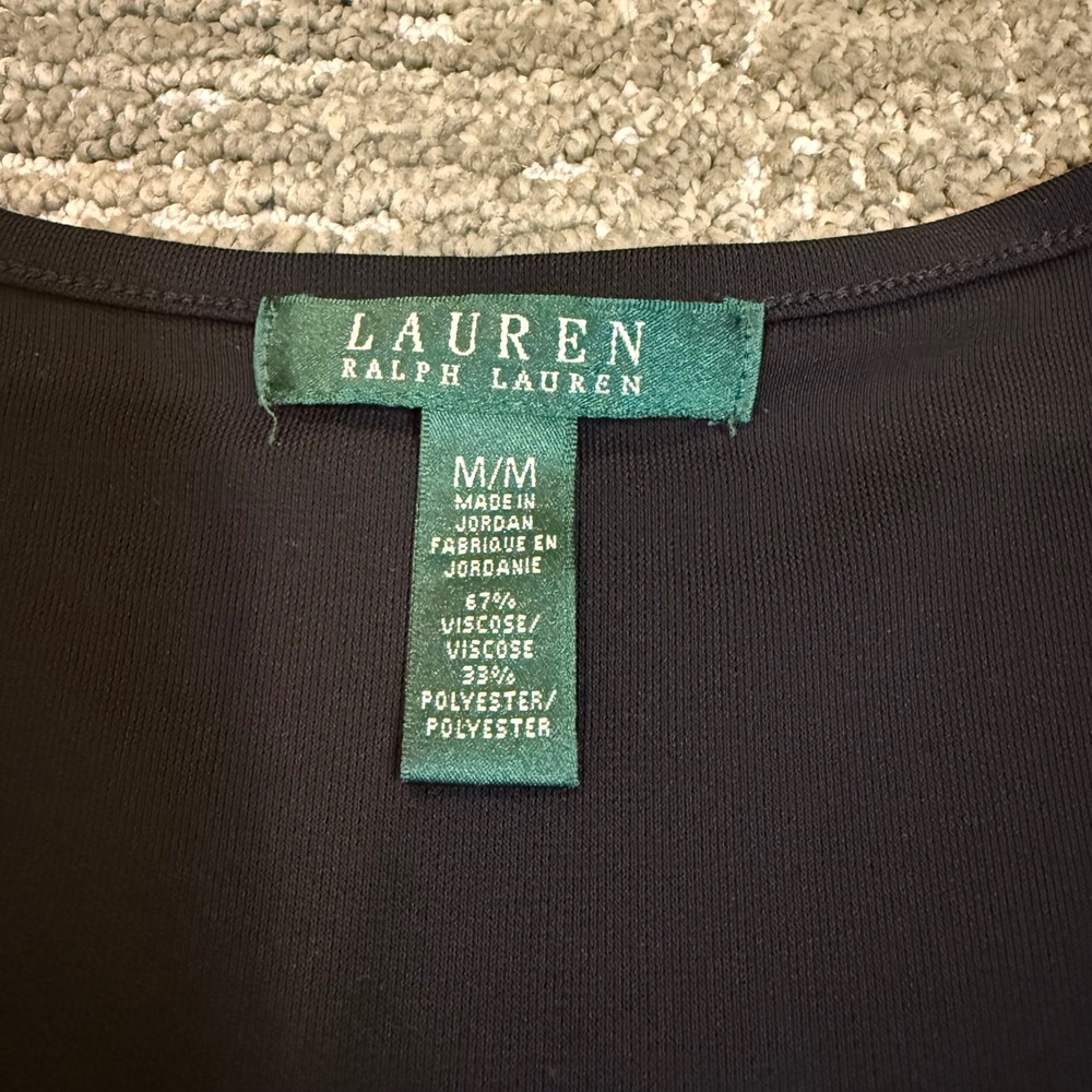 Lauren Ralph Lauren Black V Neck Faux Wrap Tunic Top Gold Button Sleeve M - Picture 2 of 4